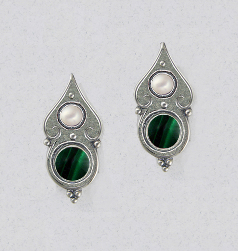 Sterling Silver Gothic Look Post Stud Earrings With Malachite And Cultured Freshwater Pearl